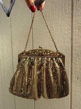 VTG 1940s Whiting Davis Gold Mesh Flapper Bag Purse Brass Pierced Frame USA NICE